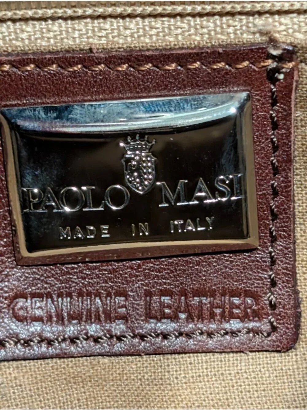 Paolo Masi Italian Leather and Brown Canvas Shoulder Bag Floral Applique Boho